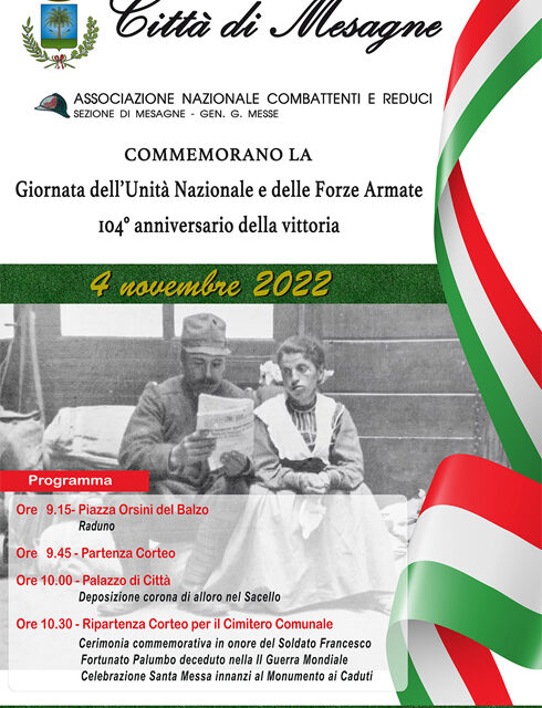 La città di Mesagne celebra il 104° Anniversario della Festa dell’Unità Nazionale e Giornata delle Forze Armate, il programma