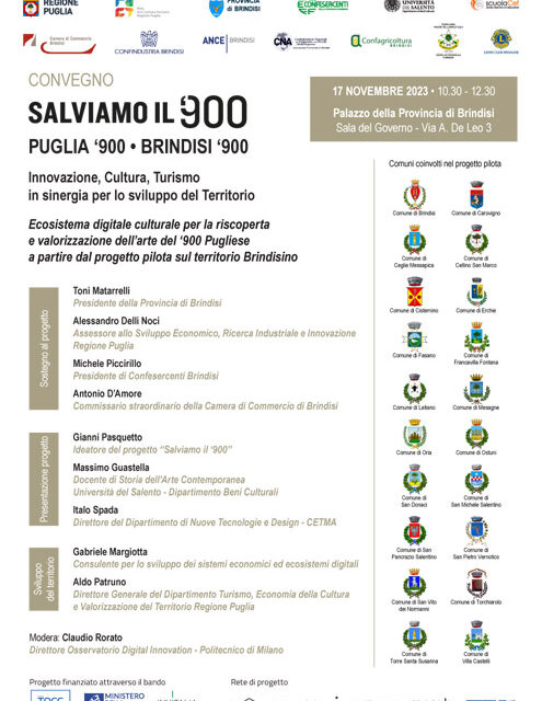 Confesercenti e Provincia di Brindisi presentano il convegno: “Salviamo il ‘900. Puglia ‘900-Brindisi ‘900. Innovazione, Cultura e Turismo in sinergia per lo sviluppo del territorio”