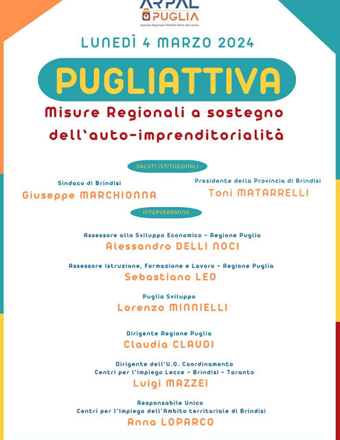 PUGLIATTIVA, Misure Regionali a sostegno dell’auto-imprenditorialità, evento a Brindisi il 4 marzo