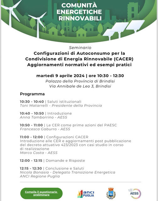 Provincia di Brindisi, seminario AESS sulle Comunità Energetiche Rinnovabili, appuntamento martedì 9 aprile – ore 10.30