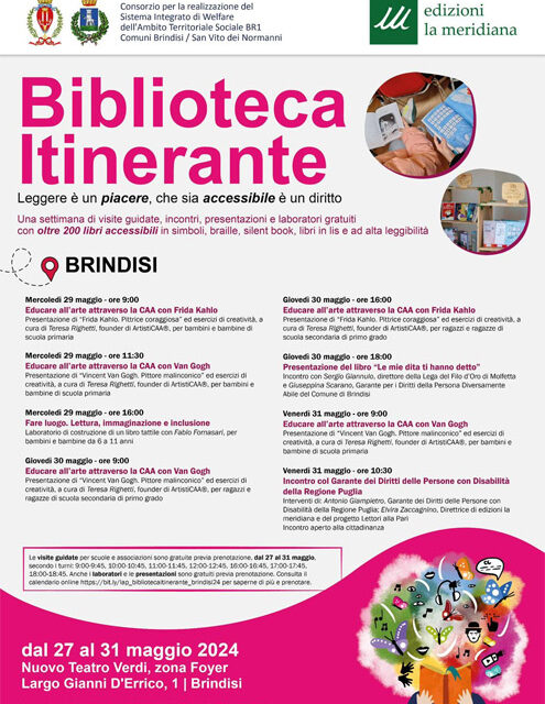 Leggere alla pari, a Brindisi la Biblioteca Itinerante Edizioni La Meridiana dal lunedì 27 al 31 maggio presso Palazzo Nervegna