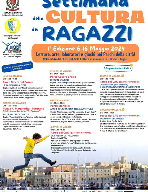 Settimana della Cultura dei Ragazzi (Prima edizione) – Dal 6 al 16 maggio 2024 | Letture, arte, laboratori e giochi nei Parchi di Brindisi