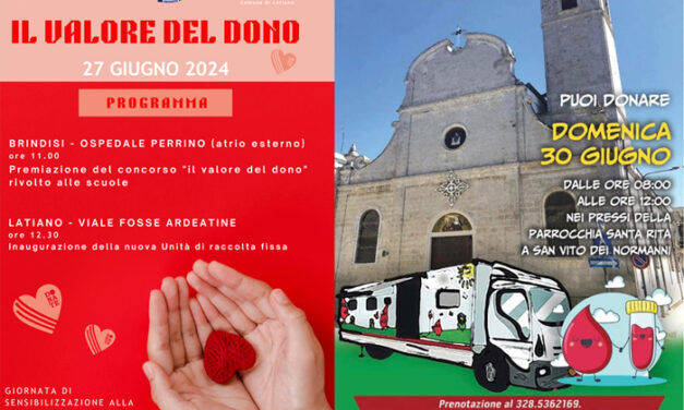 Donazione del sangue, iniziative a Brindisi, Latiano e San Vito dei Normanni nei giorni di giovedì 27 e domenica 30 giugno