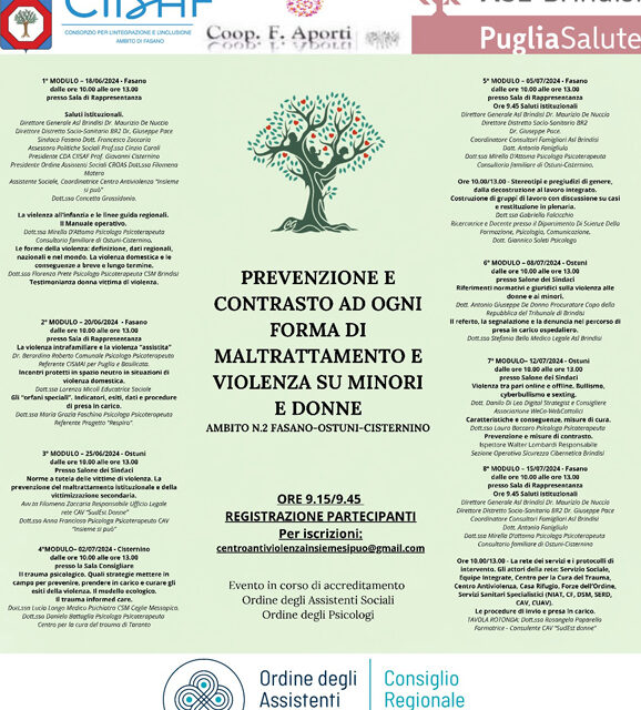 Formazione finanziata dalla Regione Puglia “Prevenzione e Contrasto ad ogni forma di Maltrattamento e violenza su minori e donne. Ambito N.2 Ostuni-Cisternino-Fasano”