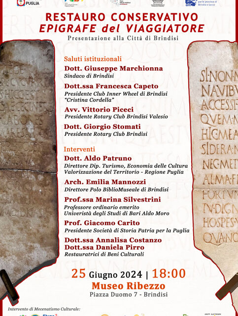 Brindisi, Museo Archeologico Ribezzo, il 25 giugno la presentazione alla Città del restauro conservativo Epigrafe del Viaggiatore