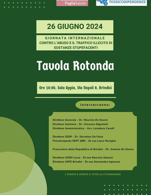 Brindisi, giornata internazionale contro l’abuso e il traffico di droga, tavola rotonda nella sede Asl