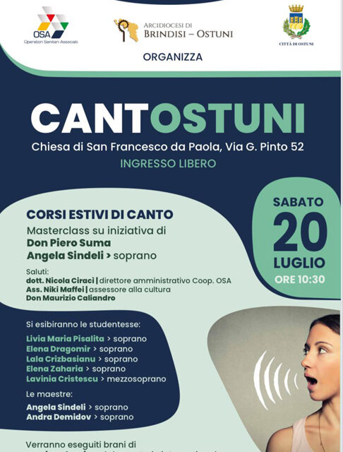 Cooperativa OSA, sabato 20 luglio al via CantOstuni, corsi estivi di canto e masterclass