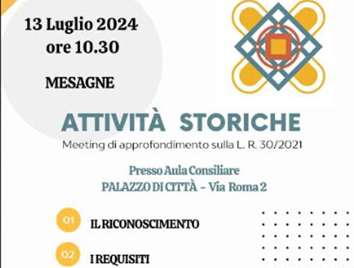 Mesagne, “Attività Storiche e di Tradizione della Puglia”, meeting di approfondimento a Mesagne sulla L.R. 30/2021
