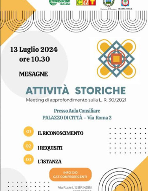 Mesagne, “Attività Storiche e di Tradizione della Puglia”, meeting di approfondimento a Mesagne sulla L.R. 30/2021