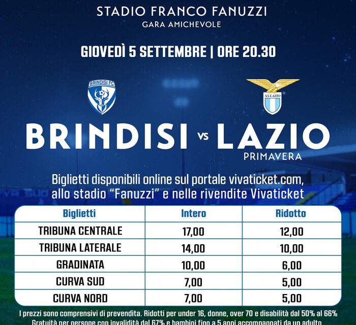 Calcio, Amichevole Brindisi Fc – Lazio Primavera, i prezzi dei biglietti