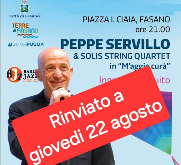 Fasano, lo spettacolo di Peppe Servillo in Piazza Ciaia rinviato a giovedì 22 agosto per maltempo