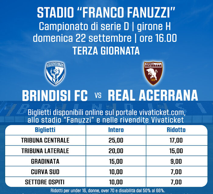 Calcio Serie D Girone H, 3.a Giornata, in vendita i biglietti di Brindisi FC – Real Acerrana: