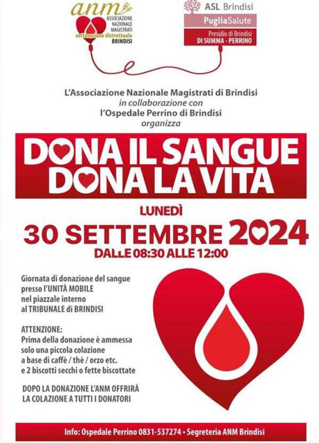 Donazione sangue, Associazione Nazionale Magistrati e Asl Brindisi insieme per una raccolta straordinaria