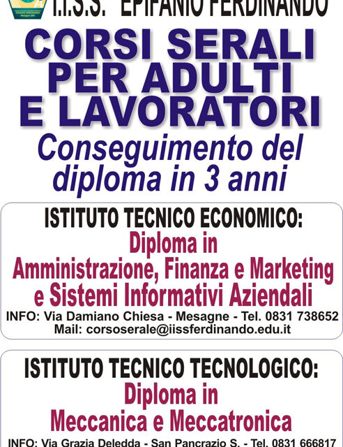 Mesagne, scuola superiore per adulti, proseguono le iscrizioni ai corsi serali dell'”Epifanio Ferdinando”