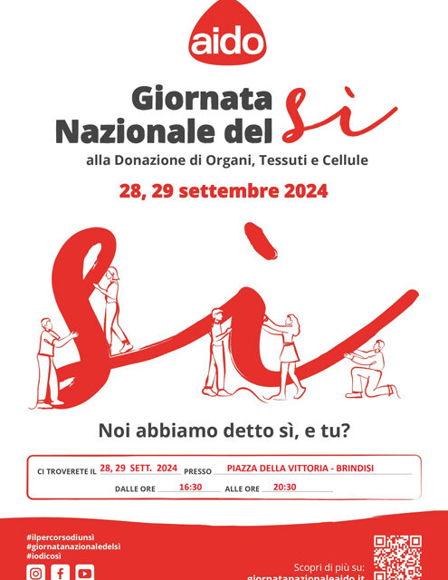 Donazione Organi, il Gruppo comunale AIDO “Marco Bungaro” di Brindisi scende in Piazza Vittoria, 28 e 29 settembre per la “Giornata Nazionale del SI”