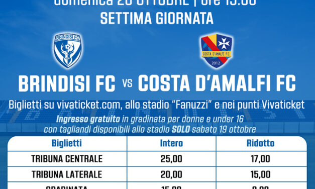 Calcio, Serie D Girone H, Brindisi FC – Costa d’Amalfi FC: donne e under 16 gratis in gradinata