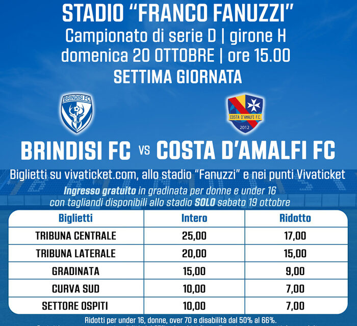 Calcio, Serie D Girone H, Brindisi FC – Costa d’Amalfi FC: donne e under 16 gratis in gradinata