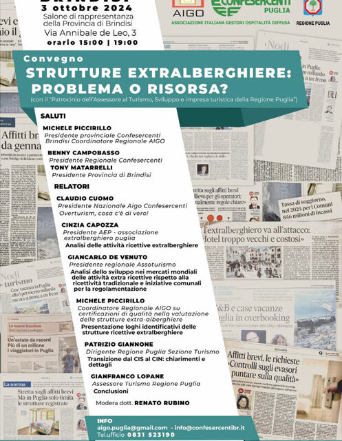 A Brindisi il convegno “Strutture extralberghiere: problema o risorsa?” appuntamento presso il salone della Provincia