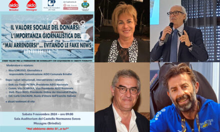 Donazione Organi e fake news, a Mesagne la Presidente Nazionale Aido Flavia Petrin, il vice Scarola e il Col Calcagni incontrano gli operatori dell’informazione alla presenza del presidente dell’Ordine Giornalisti Puglia Piero Ricci