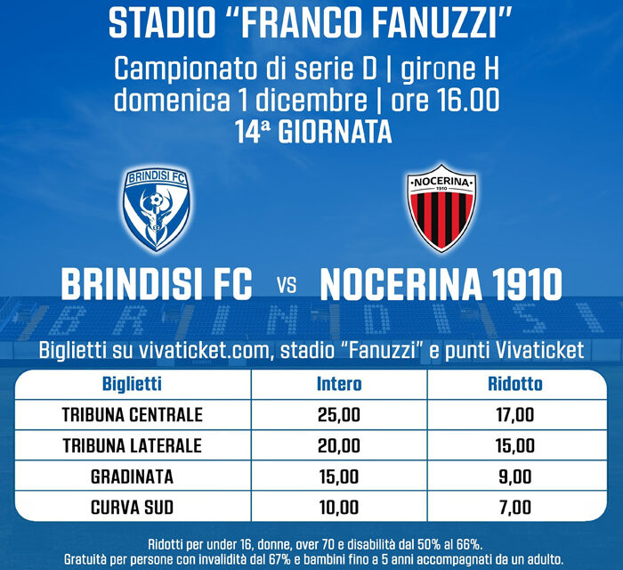 Serie D Girone H, 14.a Giornata, Brindisi FC – Nocerina 1910: disponibili i biglietti