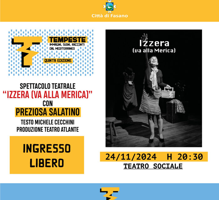 Festival Tempeste, va in scena “Izzera” con Preziosa Salatino, spettacolo gratuito domenica al Teatro Sociale di Fasano