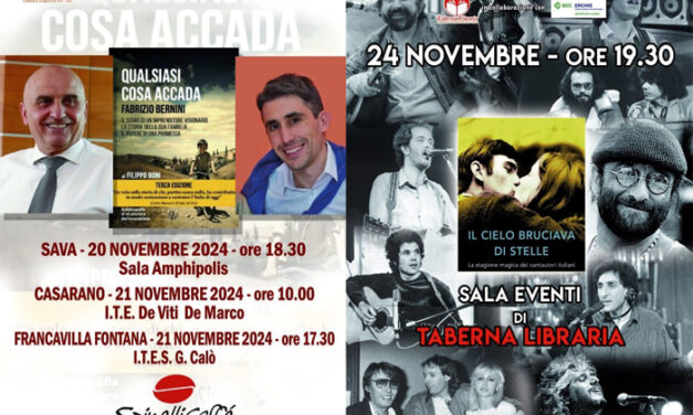 Taberna Libraria di Latiano, novembre con l’evento “Il cielo bruciava di stelle” nuovo format musical-culturale ed il tour di Filippo Boni