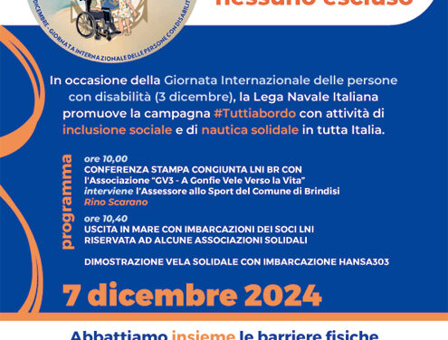 Lega Navale Italiana Brindisi, sabato 7 dicembre l’evento «Tutti a bordo con la Lega Navale, nessuno escluso»