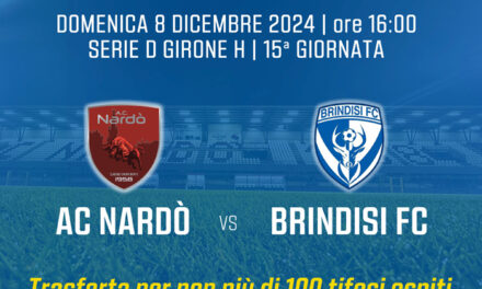 Calcio, Serie D Girone H, AC Nardò – Brindisi FC, non più di 100 tifosi biancazzurri al “Giovanni Paolo II”