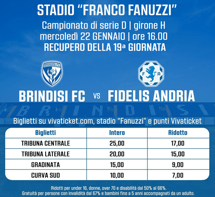 Serie D Girone H, Brindisi FC – Fidelis Andria: disponibili i biglietti per il recupero