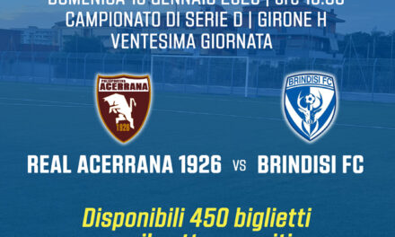 Calcio Serie D Girone H, Real Acerrana 1926 – Brindisi FC: online i biglietti per i tifosi ospiti e con l’Andria si recupera il 22 gennaio