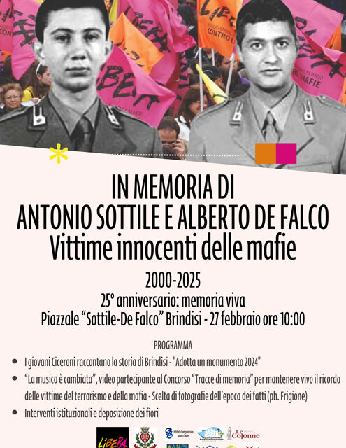 25 Anni dopo, memoria viva per i finanzieri Antonio Sottile e Alberto De Falco, il 27 febbraio per il 25° anniversario la comunità cittadina li ricorda nell’omonima piazza per l’annuale iniziativa di Libera