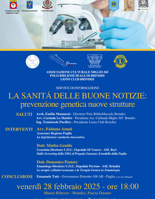 Meeting “La sanità delle buone notizie, prevenzione genetica nuove strutture” a Brindisi il 28 febbraio