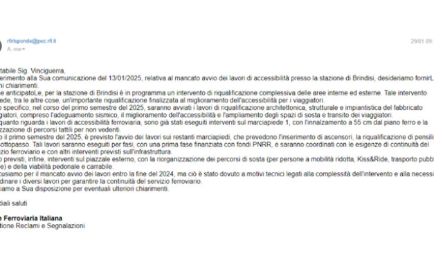 Stazione ferroviaria di Brindisi, lavori di riqualificazione, Vinciguerra (Pd): “RFI continua a rinviare la riqualificazione della stazione con il rischio taglio dei fondi PNRR nel silenzio dell’amministrazione”