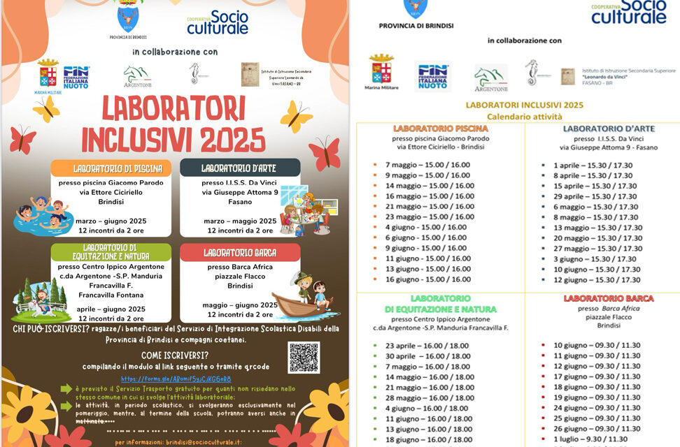 Integrazione scolastica provincia di Brindisi, al via i lavoratori inclusivi artitici e sportivi 2025